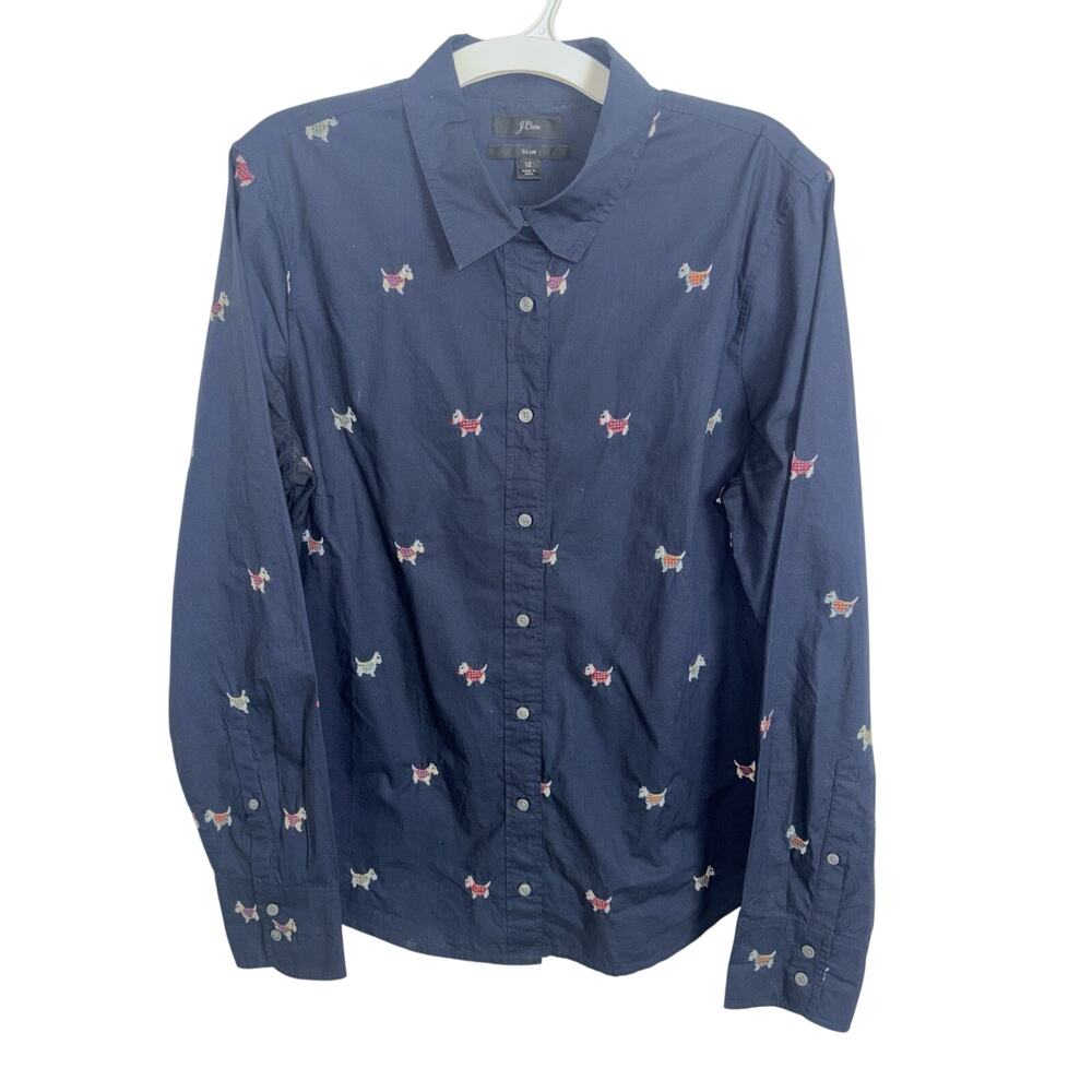 J Crew Slim Perfect Shirt Dog Days Embroidery Scottie Dogs Navy Size 12